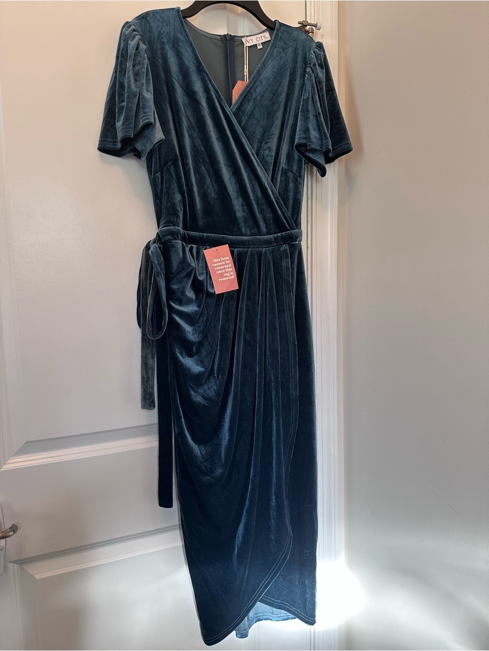 Ivy City Co Lillie Dress in Blue Velvet Wrap Midi Flutter Sleeve V Lined XS